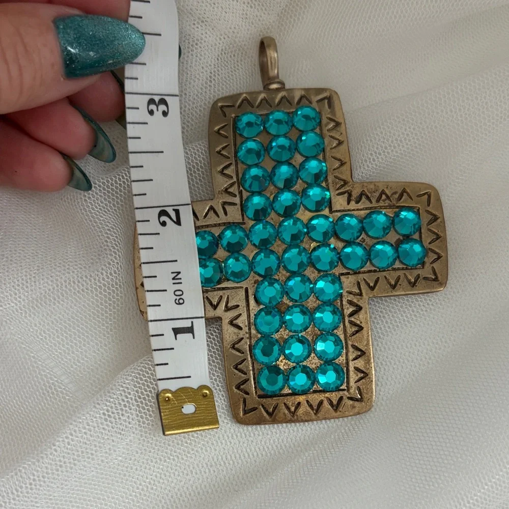 Turquoise and Brass Crystal Cross Pendant - Picture 6 of 7